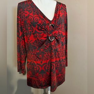 Red and black blouse with accent piece at center- size XL